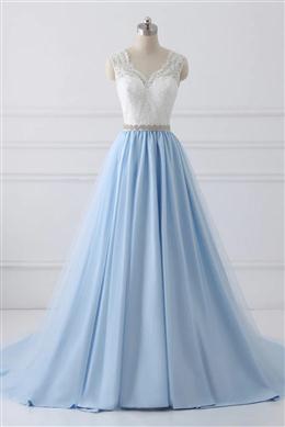 Picture of Light Blue Tulle V Back Long Party Dresses with Bow, Blue Evening Dresses Wedding Party Dresses